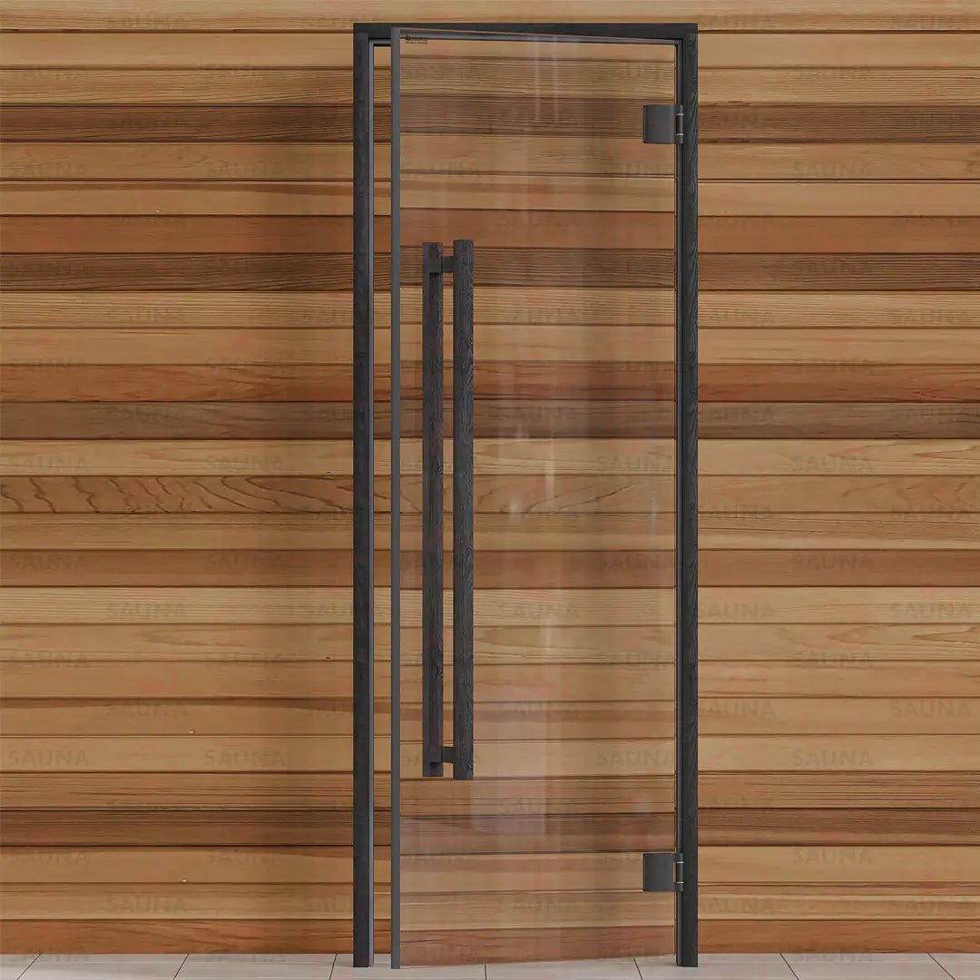 Aspen Black Frame Sauna Door – Clear Glass, 690 × 1890 mm (Benelux Square) - SaunaForSale
