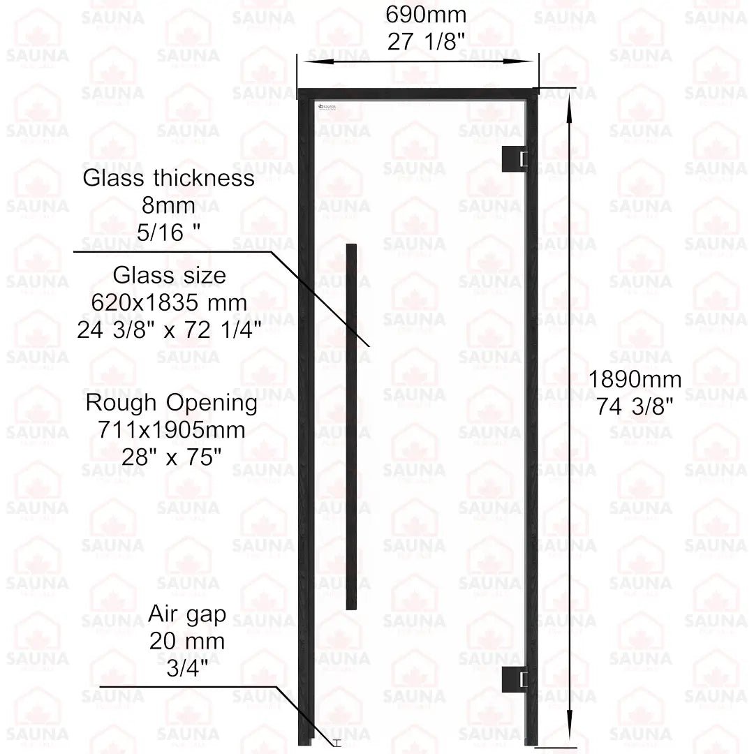 Aspen Black Frame Sauna Door – Clear Glass, 690 × 1890 mm (Benelux Square) - SaunaForSale