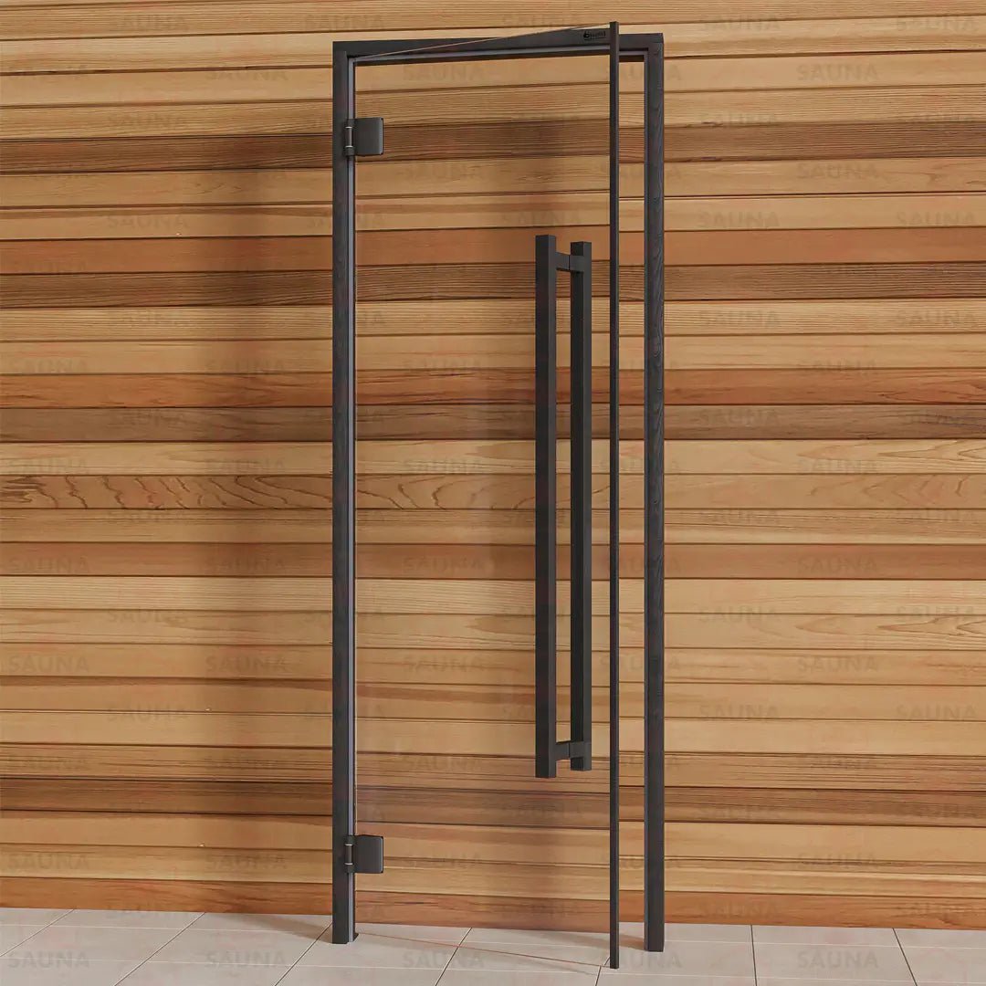 Aspen Black Frame Sauna Door – Clear Glass, 690 × 1890 mm (Benelux Square) - SaunaForSale