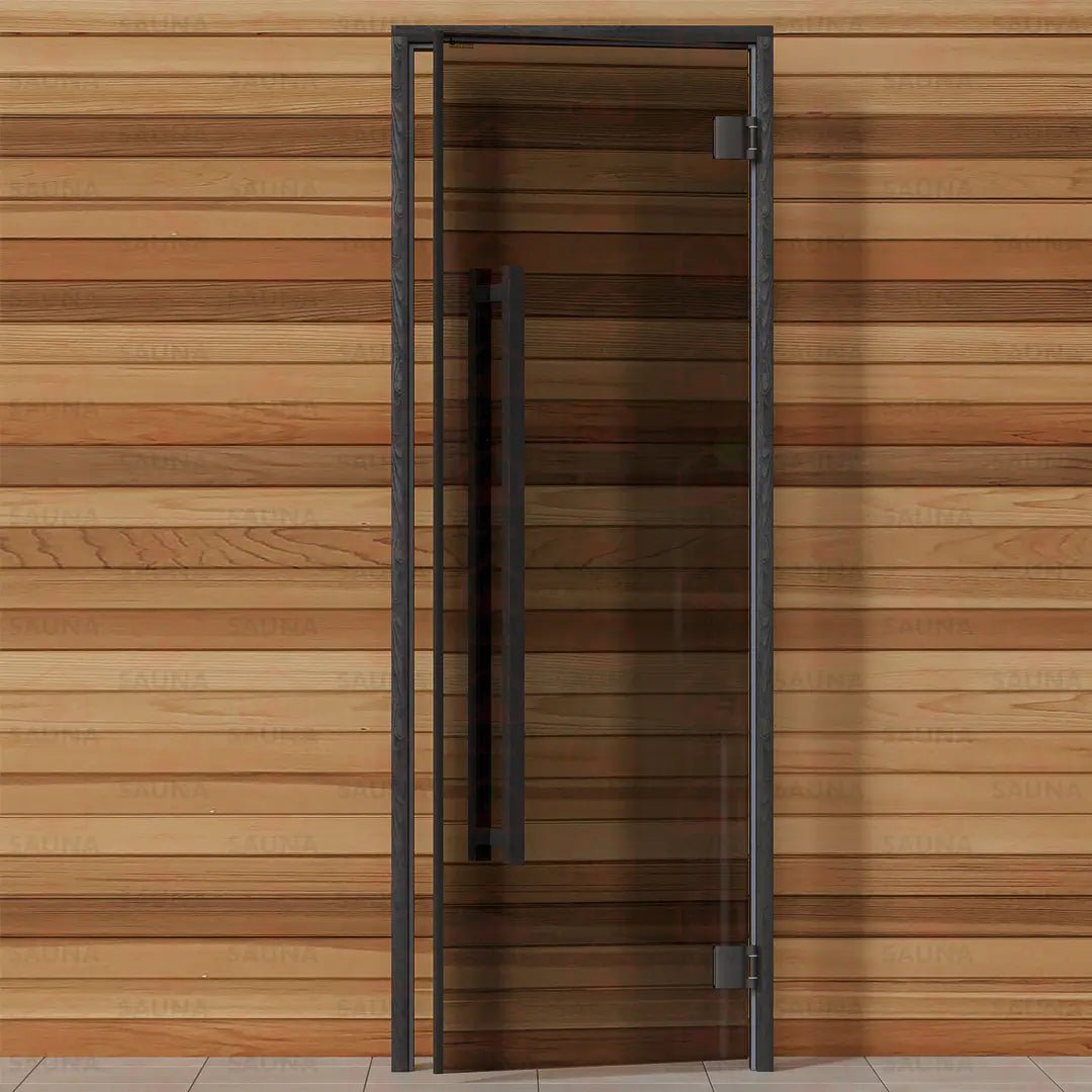 Aspen Black Frame Sauna Door – Grey Glass, 690 × 1890 mm (Benelux Square) - SaunaForSale