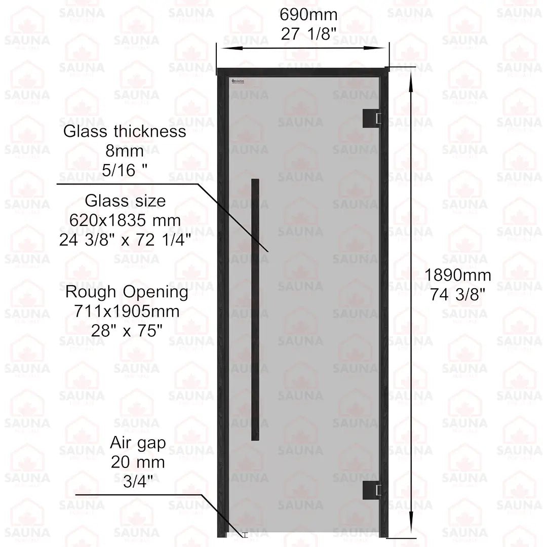 Aspen Black Frame Sauna Door – Grey Glass, 690 × 1890 mm (Benelux Square) - SaunaForSale