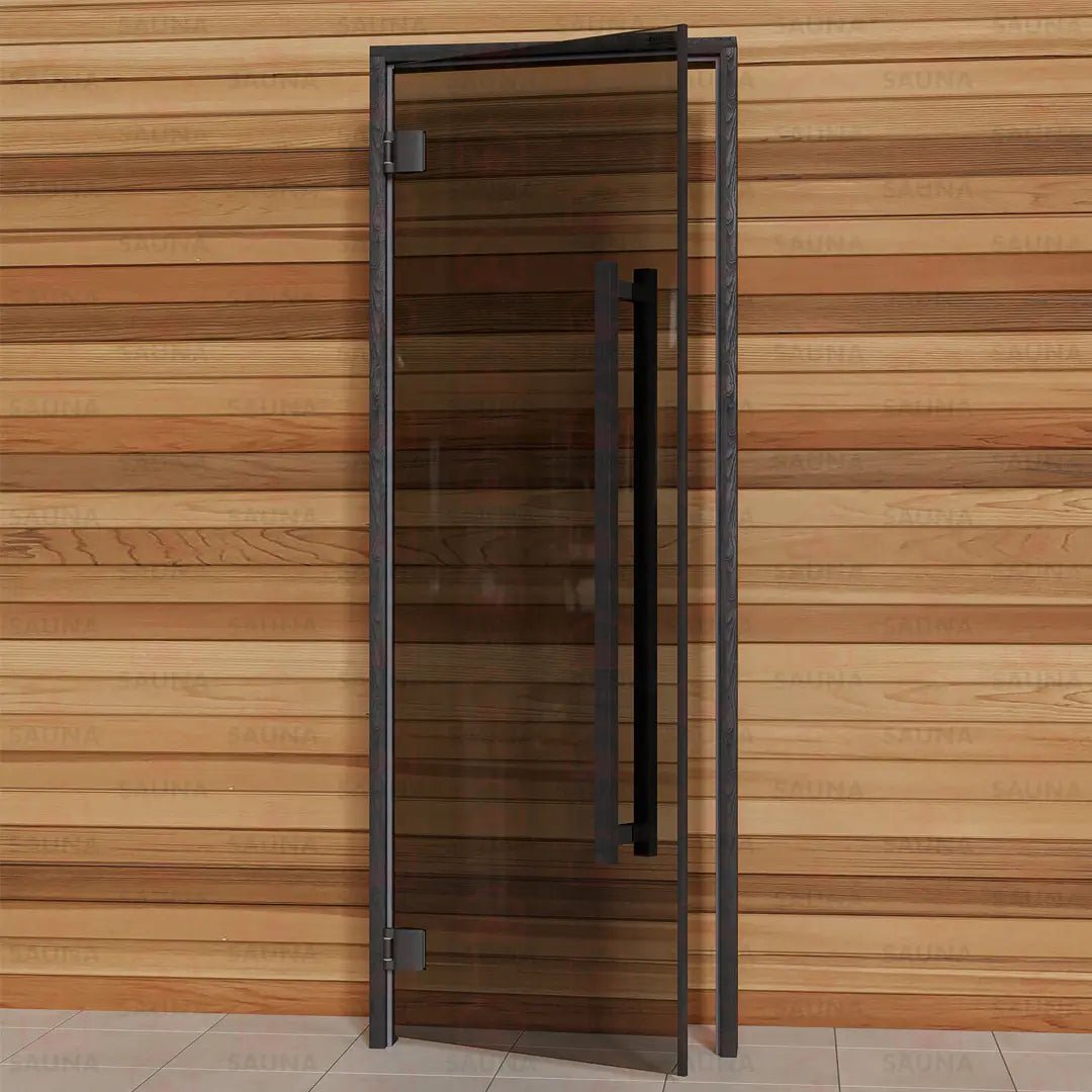 Aspen Black Frame Sauna Door – Grey Glass, 690 × 1890 mm (Benelux Square) - SaunaForSale