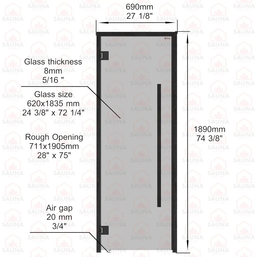 Aspen Black Frame Sauna Door – Grey Glass, 690 × 1890 mm (Benelux Square) - SaunaForSale