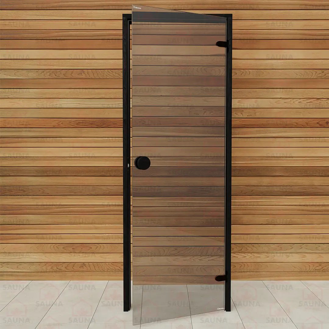 Aspen Black Frame Sauna Door – Grey Glass, 690 × 1890 mm (Scan) - SaunaForSale