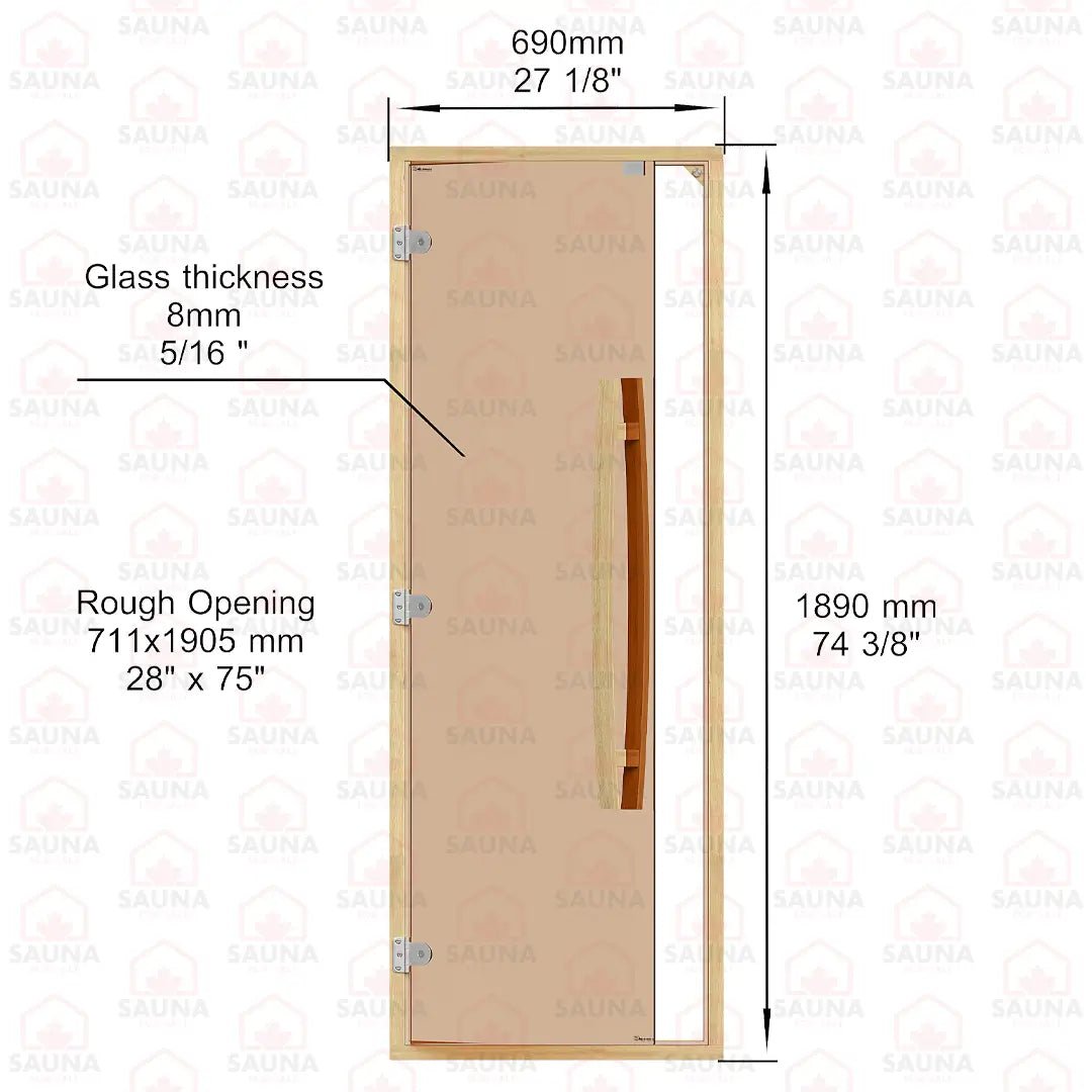 Clear Red Cedar Frame Sauna Door – Bronze Glass, 690 × 1890 mm (Curved Handle) - SaunaForSale