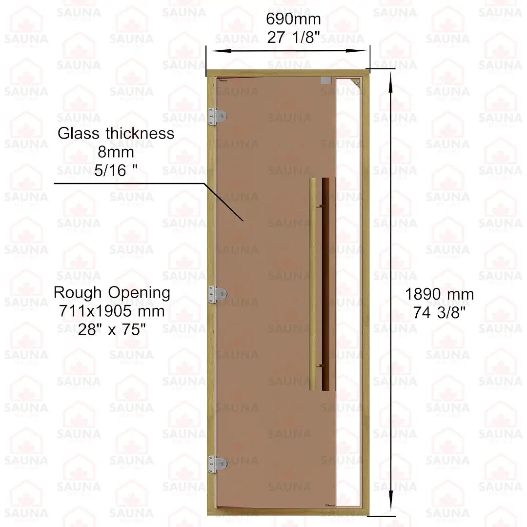 Clear Red Cedar Frame Sauna Door – Bronze Glass, 690 × 1890 mm (Straight Handle) - SaunaForSale