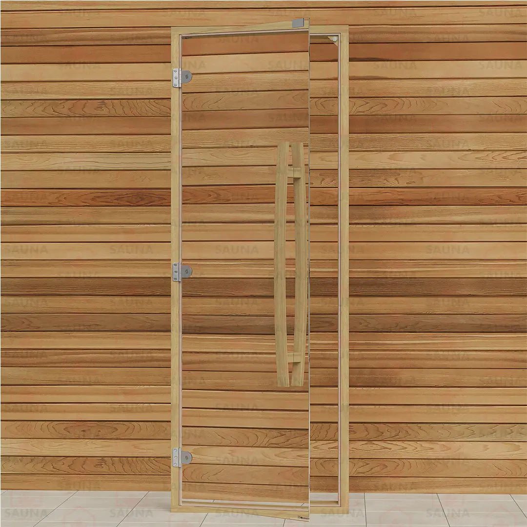 Clear Red Cedar Frame Sauna Door – Clear Glass, 690 × 1890 mm (Curved Handle) - SaunaForSale