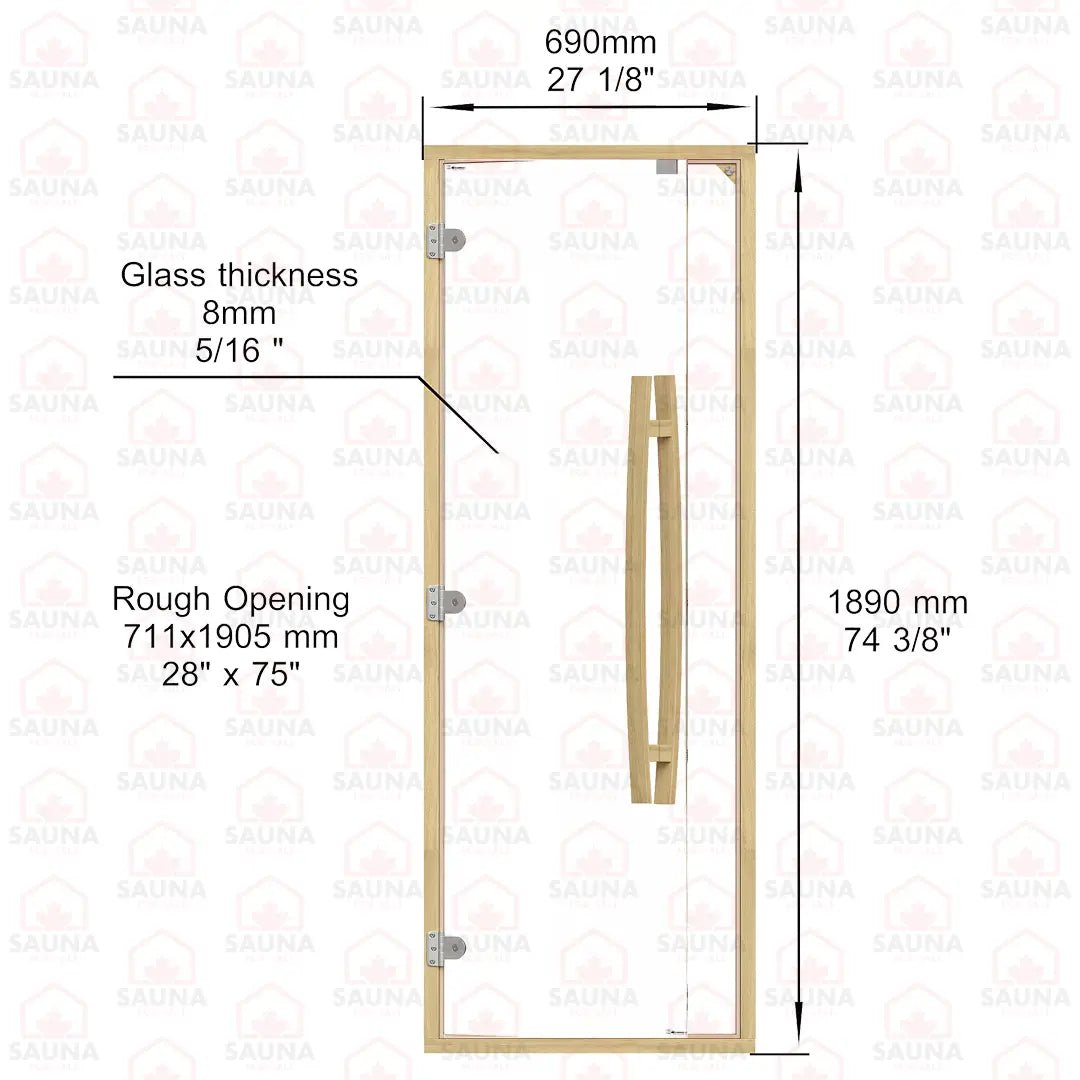 Clear Red Cedar Frame Sauna Door – Clear Glass, 690 × 1890 mm (Curved Handle) - SaunaForSale