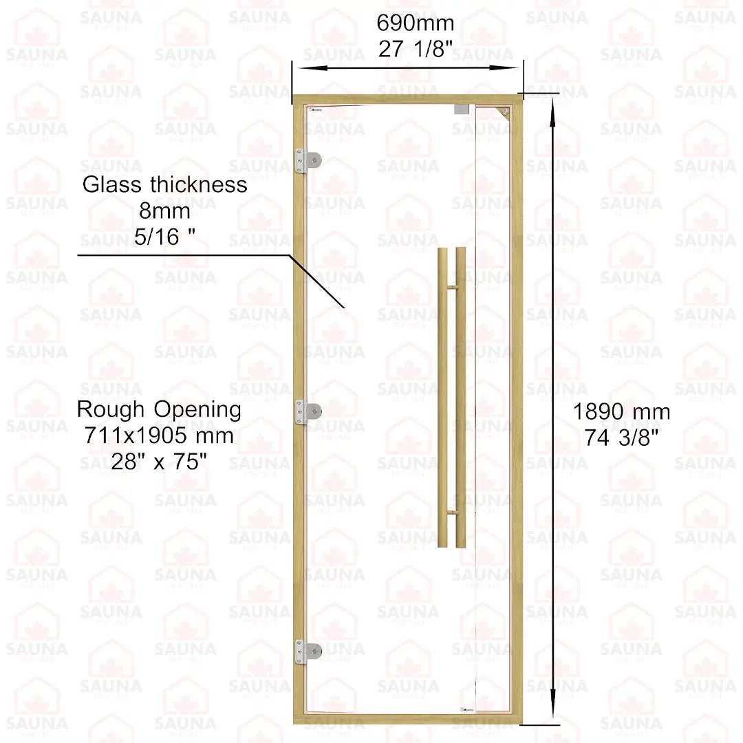 Clear Red Cedar Frame Sauna Door – Clear Glass, 690 × 1890 mm (Straight Handle) - SaunaForSale