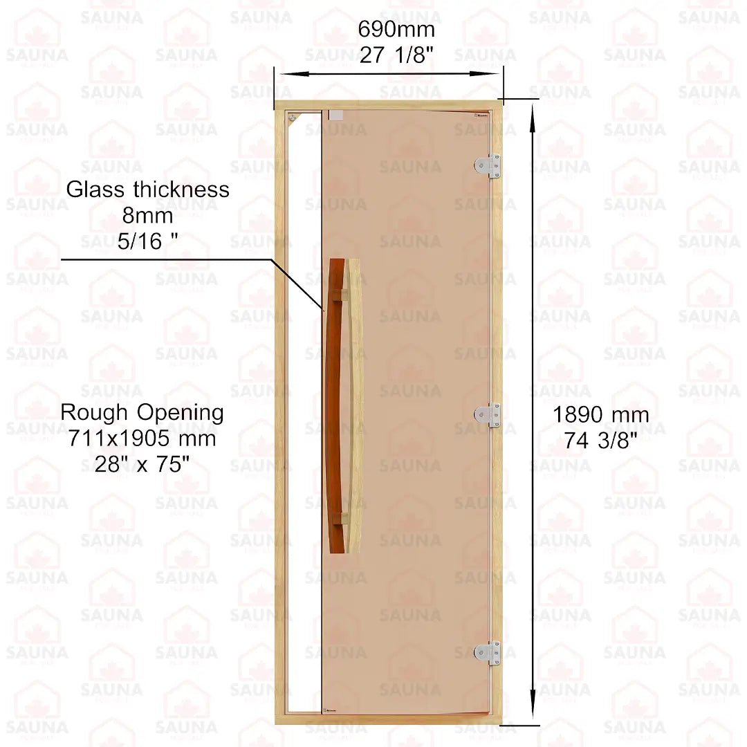 Clear Red Cedar Frame Sauna Door – Bronze Glass, 690 × 1890 mm (Curved Handle) - SaunaForSale