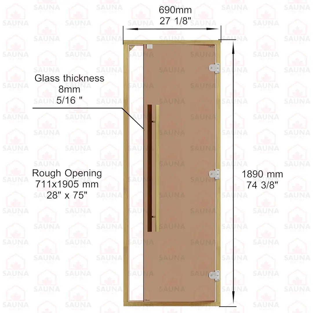 Clear Red Cedar Frame Sauna Door – Bronze Glass, 690 × 1890 mm (Straight Handle) - SaunaForSale