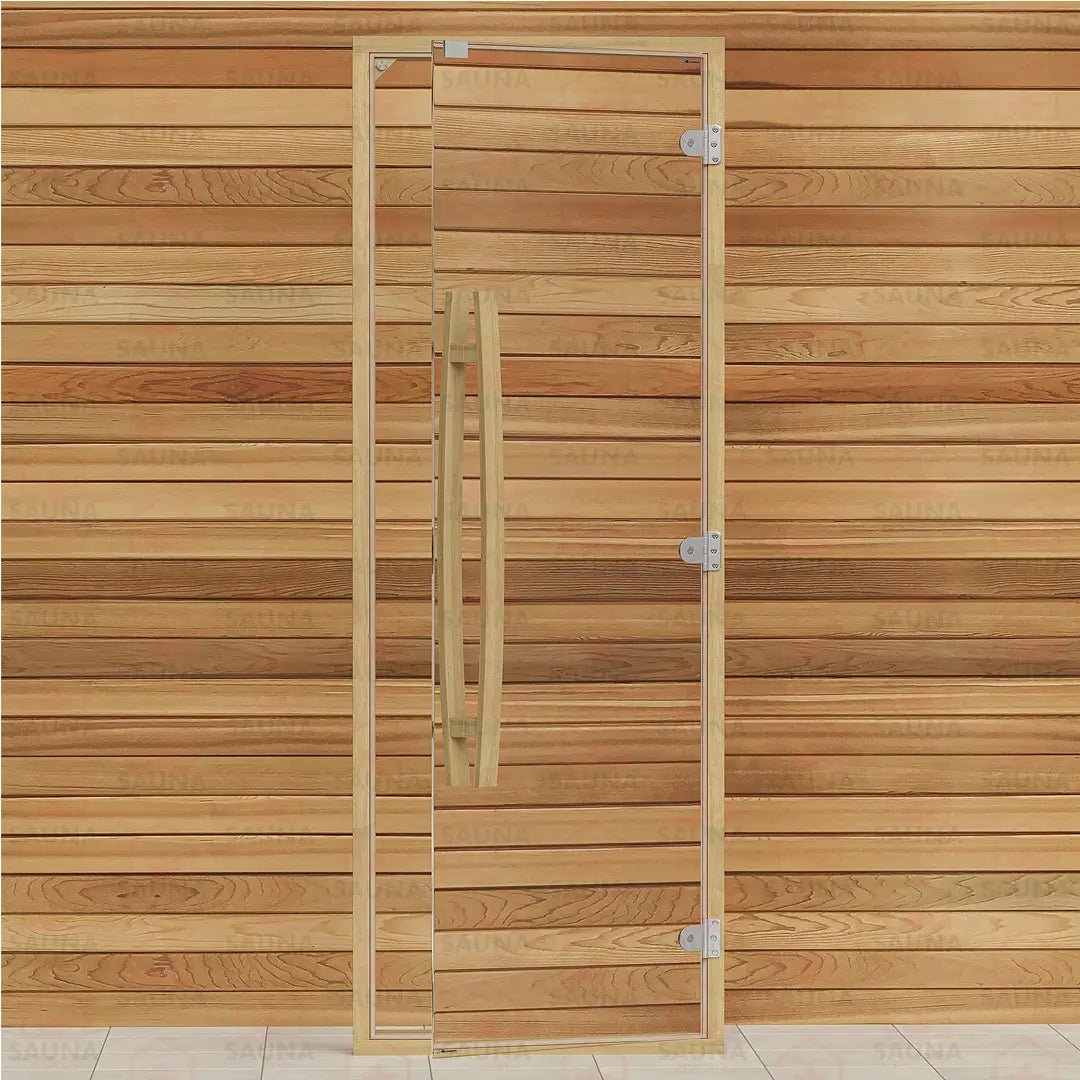 Clear Red Cedar Frame Sauna Door – Clear Glass, 690 × 1890 mm (Curved Handle) - SaunaForSale