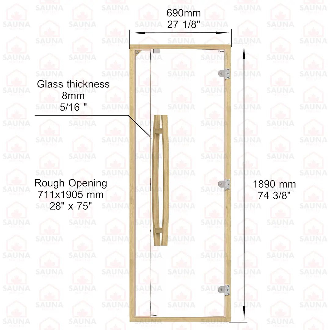 Clear Red Cedar Frame Sauna Door – Clear Glass, 690 × 1890 mm (Curved Handle) - SaunaForSale