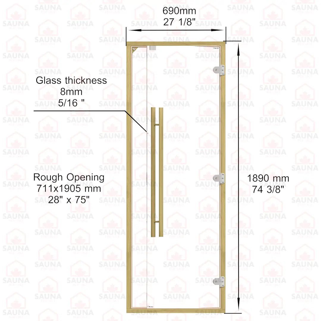 Clear Red Cedar Frame Sauna Door – Clear Glass, 690 × 1890 mm (Straight Handle) - SaunaForSale