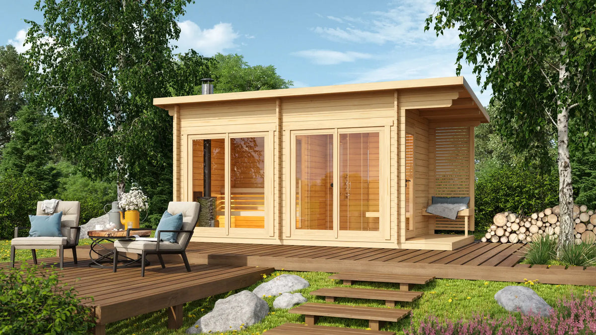 Halden L Square Log Sauna Bundle – HUUM Drop 9 kW with Wi - Fi Controller - SaunaForSale