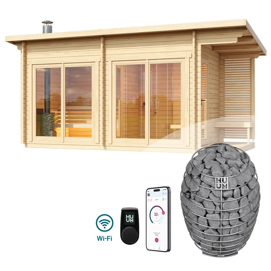 Halden L Square Log Sauna Bundle – HUUM Drop 9 kW with Wi - Fi Controller - SaunaForSale