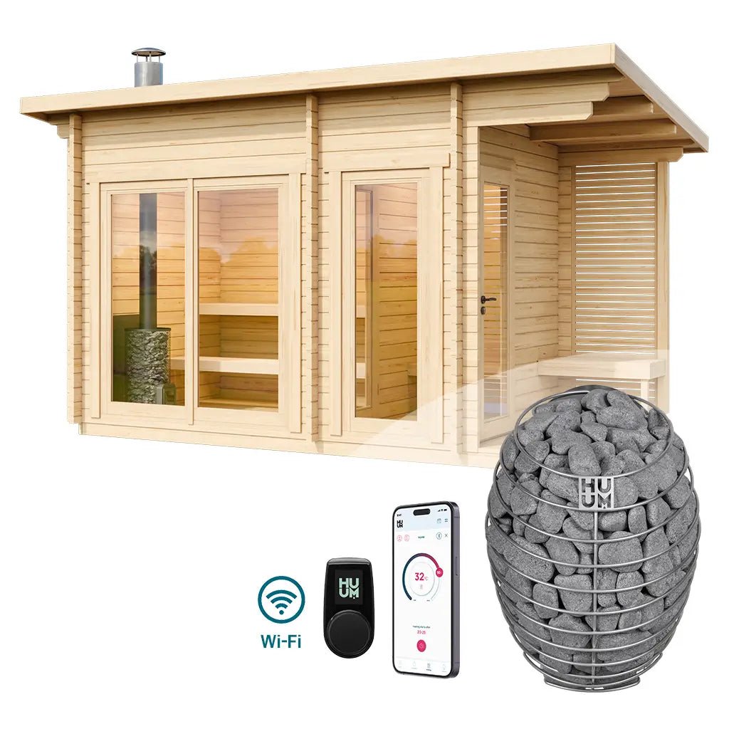 Halden M Square Log Sauna Bundle – HUUM Drop 9 kW with Wi - Fi Controller - SaunaForSale