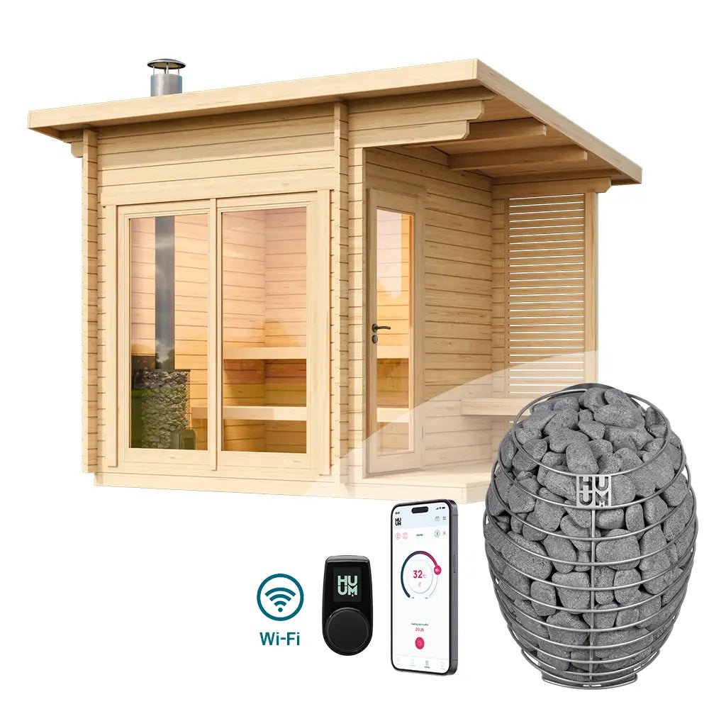 Halden S Square Log Sauna Bundle – HUUM Drop 9 kW with Wi - Fi Controller - SaunaForSale
