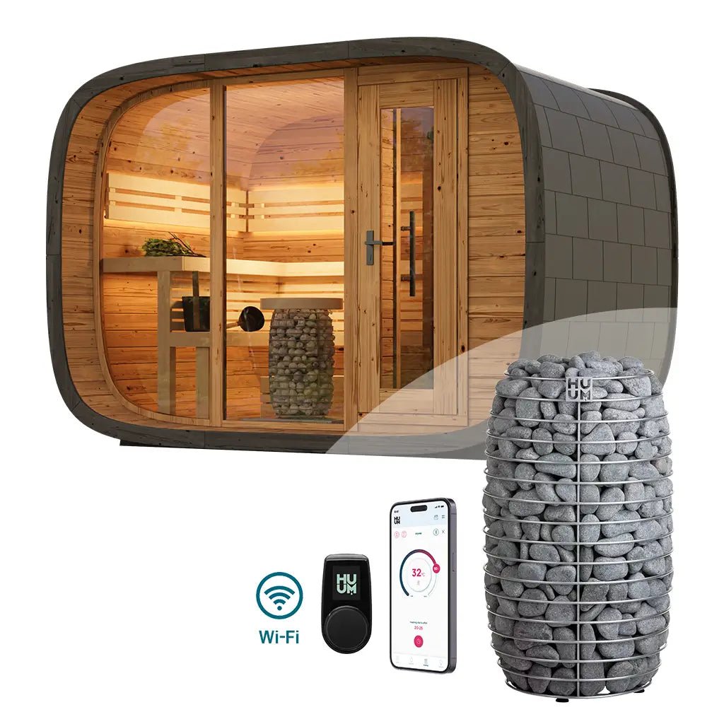 Round Cube DOUBLE Outdoor Sauna Bundle – HUUM Hive Mini 9 kW with Wi - Fi Controller - SaunaForSale