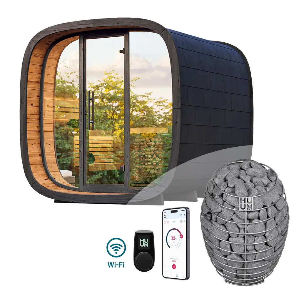 Round Cube MINI Outdoor Sauna Bundle – HUUM Drop 9 kW with Wi - Fi Controller - SaunaForSale
