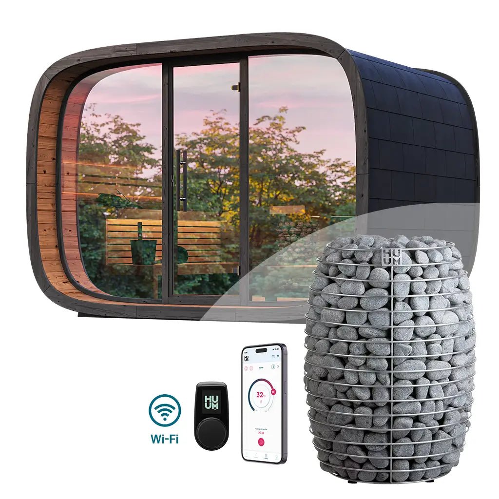Round Cube SINGLE Outdoor Sauna Bundle – HUUM Hive 12 kW with Wi - Fi Controller - SaunaForSale